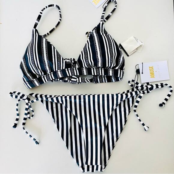 AMUSE SOCIETY Black White Stripe Triangle Top Back Tie Bikini Bottoms Swim XS - Picture 1 of 15